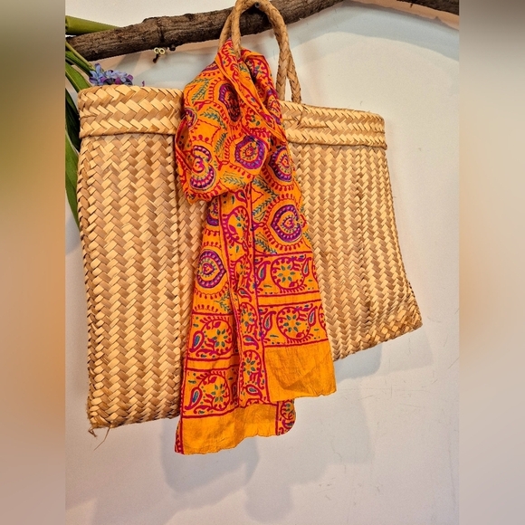 Accessories - Vibrant Yellow and Pink Paysley Silk Handpainted Patterned Scarf